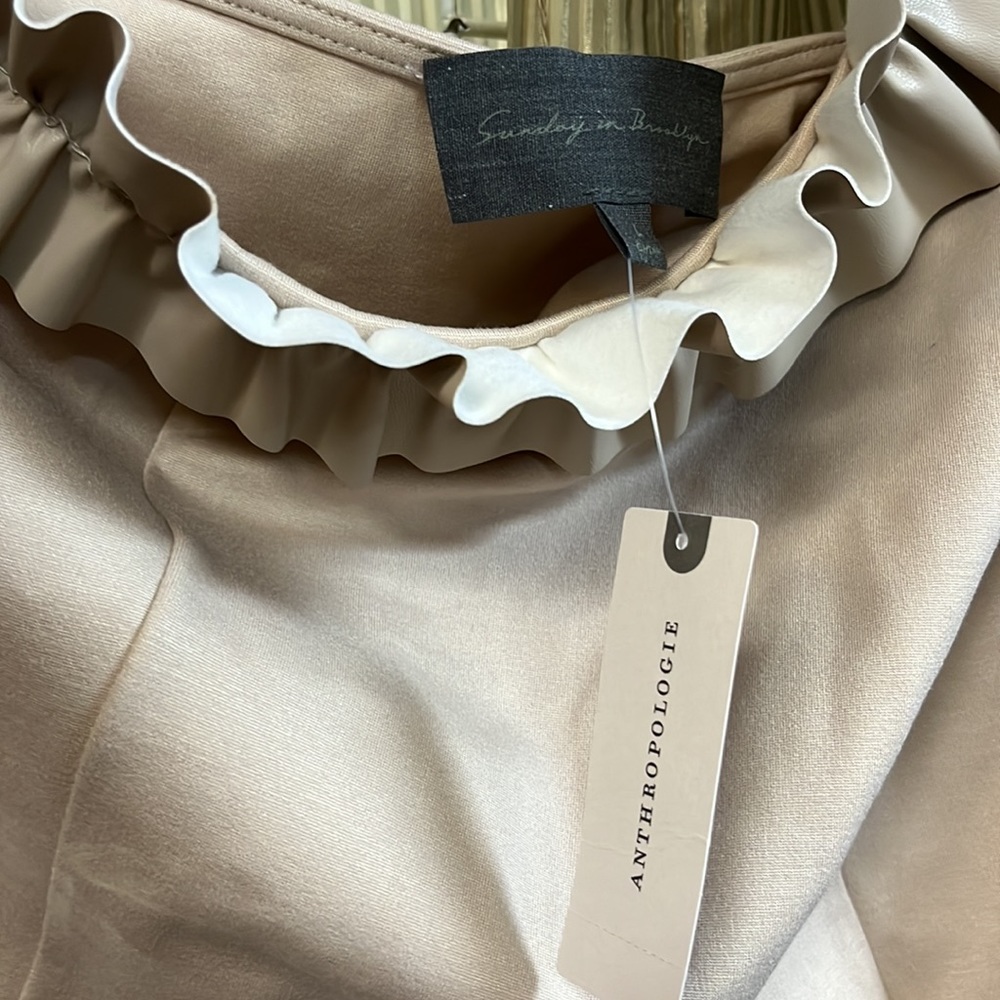 Sunday in Brooklyn One-Shoulder Ruffled Faux Leather Top. Light Sand color - Picture 6 of 6